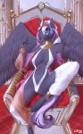  absurd_res anthro big_breasts bikini breasts chair clothed clothing crown equid equine female friendship_is_magic furniture hasbro hi_res jewelry looking_at_viewer mammal my_little_pony okata pegasus pinup pose silk skimpy sling_bikini solo swimwear tattoo throne throne_room wings 
