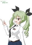 1girl absurdres anchovy_(girls_und_panzer) anzio_school_uniform bangs belt black_belt black_necktie black_ribbon black_skirt brown_eyes commentary dress_shirt drill_hair drops_mint emblem girls_und_panzer green_hair hair_ribbon highres index_finger_raised long_hair long_sleeves looking_at_viewer necktie no_cape open_mouth pleated_skirt ribbon school_uniform shirt simple_background skirt smile solo twin_drills twintails twitter_username upper_body white_background white_shirt wing_collar 