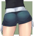  1girl ass ass_focus black_jacket blue_shorts commentary_request from_behind green_background highres hilda_(pokemon) jacket m.m pokemon pokemon_(game) pokemon_bw shirt short_shorts shorts solo two-tone_background white_background white_shirt 