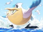  :d bird commentary_request egg flying from_side mouth_hold mukiguri no_humans open_mouth pelipper pokemon pokemon_(creature) pokemon_egg rock smile togepi water wingull 