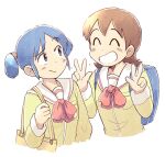  2girls ^_^ aioi_yuuko backpack bag blue_eyes blue_hair blush brown_hair closed_eyes closed_mouth double_v facing_another grin holding_strap looking_at_another multiple_girls naganohara_mio nichijou parted_lips school_uniform short_hair short_twintails smile teeth tokisadame_school_uniform tsubobot twintails v 