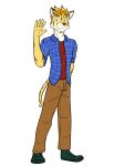  alternate_species anthro bottomwear clothed clothing felid footwear full-length_portrait fully_clothed furrification fuze hi_res male mammal pantherine pants portrait sam_(stardew_valley) shirt shoes simple_background solo stardew_valley tiger topwear white_background 