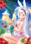  1girl animal_ears aqua_ribbon ass azur_lane bangs bare_legs beach blue_sky chinese_clothes closed_mouth commentary criss-cross_halter dudou flat_chest flower food frilled_bikini_bottom from_behind fruit hairband halterneck highres hikimayu hobak holding holding_spoon ice_cream innertube kiwi_slice long_hair looking_at_viewer manjuu_(azur_lane) ocean orange_(fruit) orange_slice orchid rabbit_ears ribbon shaved_ice shimakaze_(azur_lane) sidelocks sitting sky smile solo spoon summer swimsuit symbol-only_commentary twisted_torso very_long_hair water waves white_hair wrist_ribbon yellow_eyes 