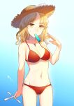  1girl ass_visible_through_thighs bikini blue_background breasts brown_bikini cleavage commentary_request cowboy_shot cross cross_necklace food food_in_mouth frilled_hat frills gradient gradient_background groin hat holding holding_cross ice_cream jacket_girl_(dipp) jewelry kaede_(mmkeyy) medium_breasts medium_hair midriff mouth_hold navel necklace popsicle solo stomach straw_hat sun_hat sweatdrop swimsuit touhou translation_request wavy_hair yellow_eyes 
