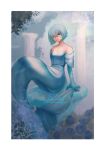  1girl artist_name ass bare_shoulders blue_eyes blurry blurry_background border breasts dress elbow_gloves facing_viewer gloves grey_hair hair_over_one_eye highres mermaid monster_girl original ponlichard short_hair sitting small_breasts solo 