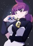  1girl 34_(sanjushi) breasts highres holding holding_poke_ball jupiter_(pokemon) looking_at_viewer poke_ball pokemon pokemon_(game) pokemon_dppt purple_eyes purple_hair short_hair solo space team_galactic team_galactic_uniform 