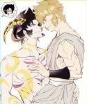  ! !! 2boys black_hair blonde_hair blue_eyes capricorn_shura cyberspecter_ll highres horns leo_aiolia looking_at_another male_focus multiple_boys saint_seiya short_hair single_horn smile toned toned_male topless yaoi yellow_eyes 