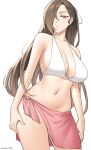  1girl aemu aemu_(august_life) alternate_costume bare_shoulders bikini breasts brown_eyes brown_hair cleavage cowboy_shot expressionless fire_emblem fire_emblem_fates hair_over_one_eye kagero_(fire_emblem) large_breasts long_hair navel pink_sarong sarong side-tie_skirt solo swimsuit white_bikini white_swimsuit 