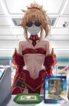  1girl arms_at_sides artoria_pendragon_(fate) artoria_pendragon_(swimsuit_archer)_(fate) artoria_pendragon_(swimsuit_archer)_(first_ascension)_(fate) bandeau bangs bare_shoulders black-framed_eyewear blonde_hair blurry blurry_background breasts cash_register convenience_store covered_mouth cowboy_shot detached_collar detached_sleeves disguise fate/apocrypha fate/grand_order fate_(series) figure high_ponytail highres indoors mask money mordred_(fate) mordred_(fate/apocrypha) mouth_mask navel parted_bangs revision shop small_breasts solo sunglasses surgical_mask tonee underboob yen 