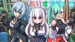  .live 3girls alternate_costume blush breasts character_name cleavage commentary_request crossed_arms glasses gloves green_hair grey_hair highres kagura_suzu_(.live) looking_at_viewer multiple_girls ponytail rikumu shizukanahoshi smile translation_request virtual_youtuber 