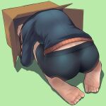  1girl ass ass_focus barefoot bike_shorts black_jacket box cardboard_box commentary_request from_behind full_body green_background highres in_box in_container jacket koshirae_tsurugi m.m original shadow short_shorts shorts simple_background soles solo track_jacket 