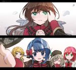  5girls aizawa_kazuha aqua_eyes artist_name assault_lily asymmetrical_hair bangs beret black_headwear blonde_hair blue_eyes blue_hair blunt_bangs blurry blush bow bowtie brown_hair brown_jacket closed_eyes closed_mouth crying crying_with_eyes_open depth_of_field eyepatch eyepatch_lift facing_viewer falling_petals female_pov fingernails floating_hair frilled_shirt frills gradient gradient_background green_eyes grey_background grey_hair grey_ribbon hair_between_eyes hair_bow hair_ornament hair_ribbon hand_to_own_mouth hand_up hat hat_feather hatsukano_you herensuge_girls_academy_school_uniform highres iijima_renka interlocked_fingers jacket jewelry letterboxed long_hair long_sleeves looking_at_viewer multicolored_hair multiple_girls multiple_views nagi_(namae11x) official_alternate_costume outstretched_arm own_hands_clasped own_hands_together parted_lips petals ponytail pov pov_hands reaching_out red_bow red_bowtie red_hair red_shirt ribbon ring sasaki_ran school_uniform serizawa_chikaru shirt sidelocks sleeve_cuffs sleeves_past_fingers sleeves_past_wrists smile star_(symbol) star_hair_ornament streaked_hair striped striped_bow striped_bowtie swept_bangs tears white_background white_jacket 