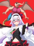  .live 1girl 1other blush carro_pino collarbone commentary_request glasses hat highres kihonmuryou labcoat long_hair looking_at_viewer navel purple_eyes purple_hair red_background smile virtual_youtuber wings 