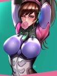  1girl absurdres arm_behind_head artist_name badcompzero bangs blurry blush bodysuit breasts breasts_apart brown_eyes brown_hair bubble_blowing chewing_gum d.va_(overwatch) depth_of_field facial_mark hairband headgear highres impossible_bodysuit impossible_clothes large_breasts long_hair looking_at_viewer multicolored_bodysuit multicolored_clothes overwatch overwatch_2 ponytail simple_background solo swept_bangs tsurime upper_body 