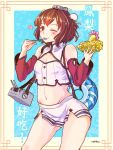  1girl artist_name breasts brown_eyes brown_hair bun_cover chinese_clothes contrapposto double_bun eating food fruit groin groin_tendon hair_bun heart highres innertube kantai_collection navel one_eye_closed pineapple small_breasts solo spoken_heart spoon swimsuit tan_yang_(kancolle) thighs thrux turret yukikaze_(kancolle) 