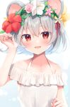  1girl :d animal_ears bangs bare_shoulders blush closed_mouth collarbone flower hair_flower hair_ornament happy highres looking_at_viewer mouse_ears nazrin nnyara pink_flower red_eyes red_flower smile solo touhou upper_body 