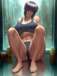 1girl abs arm_under_breasts bangs bare_arms bare_legs barefoot beer_can bra breasts can cleavage collarbone ghost_in_the_shell grey_bra grey_panties hand_on_own_stomach highres huge_breasts indoors infi knees_up kusanagi_motoko looking_at_viewer muscular muscular_female navel no_pants no_shirt no_shoes panties purple_hair rain red_eyes reflective_floor solo sports_bra toenails toes underwear window 