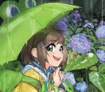  1girl artist_name backpack bag brown_hair chipped_tooth close-up flower frog girutea hair_bobbles hair_ornament hairpin holding holding_umbrella indie_virtual_youtuber jacket lily_hopkins looking_at_viewer open_mouth outdoors plant rain short_hair signature smile snail solo teeth umbrella upper_teeth yellow_jacket 