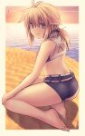  1girl :d antenna_hair ass bangs bare_arms bare_legs bare_shoulders barefoot beach bikini black_bikini blonde_hair commentary_request contrail full_body grey_hair hair_between_eyes highres horizon koshirae_tsurugi long_hair low_ponytail m.m ocean original ponytail sand sitting smile soles solo sunset swimsuit water yokozuwari 