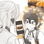  2boys bangs black_hair blush chocolate choker clothing_cutout drooling earrings food food-themed_earrings fruit ginmu headband holding holding_phone hungry jewelry jojo_no_kimyou_na_bouken long_hair male_focus multiple_boys narancia_ghirga orange_(fruit) orange_slice orangette pannacotta_fugo phone phone_screen pointing purple_eyes saliva sparkle strawberry_earrings sweatband tank_top vento_aureo wristband 