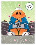  &lt;3 &lt;3_eyes blush chef_kawasaki clothing crossed_arms edible_clothing food footwear kirby_(series) kwskkaruta male nintendo orange_body sandals seaweed socks solo sushi video_games 