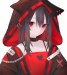  0_(znanimo) 1girl absurdres alternate_costume alternate_eye_color animal_hood arknights black_collar black_hair black_jacket broken_heart_print character_name collar collarbone hair_between_eyes highres hood hood_up hooded_jacket jacket long_hair looking_at_viewer multicolored_hair open_clothes open_jacket red_eyes red_hair red_tank_top simple_background solo streaked_hair tank_top texas_(arknights) white_background zipper 