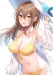  1girl bangs bare_shoulders bikini blush breasts brown_hair cleavage collarbone commentary_request hat highres kinona large_breasts long_hair long_sleeves looking_at_viewer off_shoulder open_clothes open_mouth open_shirt original shirt simple_background smile solo swimsuit white_background white_headwear white_shirt yellow_bikini yellow_eyes 