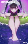  1girl afloat bangs barefoot black_hair blunt_bangs crossed_ankles highres innertube jewelry long_hair looking_at_viewer multicolored_hair nira-chan purple_eyes purple_hair shark solo to/garashi water zutto_mayonaka_de_ii_no_ni 