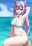  1girl absurdres armpits bangs bare_shoulders blush breasts cleavage cone_hair_bun genshin_impact hair_bun hair_ornament highres keqing_(genshin_impact) long_hair looking_at_viewer navel ocean one-piece_swimsuit open_mouth purple_eyes purple_hair see-through sitting solo swimsuit thick_thighs thighs twintails ushimizu wet 