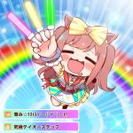  1girl =_= agnes_digital_(umamusume) animal_ears arm_up belt blush bow chibi closed_eyes commentary_request gameplay_mechanics hair_bow highres horse_ears horse_girl horse_tail kyou_(fr39) pink_hair saliva sky tail translated umamusume 