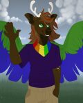  2020 anthro antlers bandanna blue_body blue_feathers bottomwear brown_body brown_fur brown_hair brown_nose cargo_shorts clothing cloud detailed_background digital_media_(artwork) feathered_wings feathers flower fur gesture grass green_body green_eyes green_feathers hair hand_in_pocket highlights_(coloring) horn inner_ear_fluff kerchief lgbt_pride looking_aside opossumsauce outside overcast perry_(knotfunny) peryton plant pockets pride_color_accessory pride_color_clothing pride_colors purple_clothing purple_shirt purple_t-shirt purple_topwear red_highlights shirt shorts sky smile solo spots t-shirt tan_bottomwear tan_clothing tan_shorts teeth topwear tuft waving white_spots wind wings 