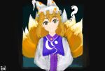  :3 ? amulet blonde_hair blush border dress fox_tail grey_background kitsune leaning_to_the_side paintbrush simple_background tabard tail tofubako touhou watercolor_effect white_dress white_hat yakumo_ran yellow_eyes 