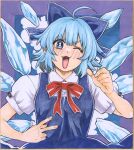  1girl ;3 absurdres ahoge blue_background blue_bow blue_dress blue_eyes blue_hair blush bow bright_pupils cirno collared_shirt detached_wings dress hair_bow highres looking_at_viewer matsuri_kyuuta one_eye_closed open_mouth pinafore_dress pointing pointing_at_self puffy_short_sleeves puffy_sleeves purple_background red_bow shirt short_sleeves sleeveless sleeveless_dress solo touhou two-tone_background upper_body v v-shaped_eyebrows white_pupils white_shirt wings 
