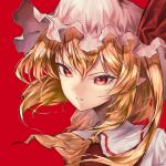  1girl ascot blonde_hair flandre_scarlet hat hat_ribbon highres mob_cap open_mouth pointy_ears red_background red_eyes red_ribbon ribbon sairon side_ponytail simple_background solo touhou upper_body yellow_ascot 
