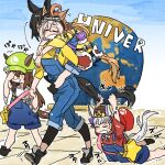  4girls aged_down anger_vein animal_ears asuka_(junerabitts) bag black_footwear black_hair blue_overalls bow brown_hair brown_hat cabbie_hat carrying cloak closed_eyes commentary cosplay crown despicable_me ear_bow ear_covers ears_through_headwear globe goggles goggles_on_head gold_ship_(umamusume) grey_hair hair_between_eyes hat holding_another&#039;s_tail holding_hands horse_ears horse_girl horse_tail kin&#039;iro_ryotei_(umamusume) light_brown_hair long_hair long_sleeves luigi luigi_(cosplay) mario mario_(cosplay) mario_(series) minion_(despicable_me) minion_(despicable_me)_(cosplay) motion_lines multiple_girls nakayama_festa_(umamusume) orange_hair orfevre_(umamusume)_(old_design) overalls piggyback pillbox_hat purple_bow purple_crown red_cloak shirt short_sleeves shoulder_bag single_ear_cover sleeping sleepy symbol-only_commentary tail umamusume universal_studios unworn_hat unworn_headwear walking yellow_shirt zzz 