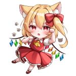  1girl animal_ears animal_print ascot blonde_hair blush cat_ears cat_girl chibi crystal_wings dress fang flandre_scarlet hair_ribbon highres mary_janes naarsann open_mouth paw_pose puffy_short_sleeves puffy_sleeves red_dress red_eyes red_ribbon ribbon shoes short_hair short_sleeves side_ponytail simple_background touhou white_background yellow_ascot 