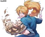  1girl blue_eyes blue_shirt cooking dorohedoro dumpling food hair_between_eyes highres holding holding_plate holding_spatula i_monos jiaozi light_brown_hair long_hair looking_at_viewer nikaidou_(dorohedoro) open_mouth orange_hair plate ponytail shirt sleeves_rolled_up smile solo spatula twitter_username upper_body white_background wide_ponytail 