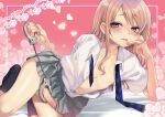  1boy absurdres asmr blonde_hair blue_necktie blush buttons censored collared_shirt crossdressing cuffs dancho_(dancyo) earrings erection handcuffs heart heart_background highres jewelry lace_background long_hair looking_at_viewer male_focus mosaic_censoring necktie nipples no_panties official_art original otoko_no_ko parted_lips partially_unbuttoned penis pink_background pleated_skirt purple_eyes shirt short_sleeves skirt socks solo testicles undone_necktie 