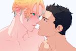  2boys adam&#039;s_apple ao_isami black_hair blonde_hair blush couple eye_contact face-to-face facial_hair highres imminent_kiss lewis_smith llld_(2ldk1241) looking_at_another male_focus multiple_boys nude portrait short_hair sideburns_stubble stubble thick_eyebrows toned toned_male yaoi yuuki_bakuhatsu_bang_bravern 
