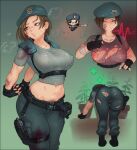  1girl arms_behind_back ass bent_over beret blood blood_stain breasts brown_hair combat_knife covered_nipples crop_top female_pubic_hair fingerless_gloves gloves hat herb highres holster jill_valentine justrube knife large_breasts nipples one_breast_out pants parody pubic_hair pubic_hair_peek resident_evil resident_evil_1 s.t.a.r.s._uniform short_hair stretching style_parody tears the_binding_of_isaac thigh_holster torn_clothes torn_pants weapon 