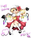  1girl absurdres ascot back_bow black_footwear blonde_hair blush bow collared_shirt crystal english_text fang flandre_scarlet frilled_shirt_collar frills full_body hair_between_eyes hair_bow happy happy_birthday hat heart highres holding holding_polearm holding_weapon kiiro_(10281028) laevatein_(touhou) looking_at_viewer mary_janes medium_hair mixed-language_text mob_cap multicolored_wings one_side_up open_mouth polearm red_bow red_eyes red_skirt red_vest shirt shoes simple_background skirt smile socks solo touhou vest weapon white_background white_bow white_hat white_shirt white_socks wings yellow_ascot 