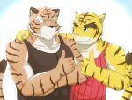 anthro blue_background blue_eyes blush clothing crossed_arms duo emu426 eye_contact felid gesture gou_sanriku hand_gesture hand_on_shoulder lagoon_lounge looking_at_another male male/male mammal morenatsu muscular one_eye_closed pantherine shirt simple_background smile tank_top thumbs_up tiger topwear torahiko_(morenatsu) white_background wink
