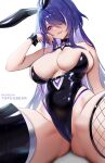  1girl absurdres acheron_(honkai:_star_rail) animal_ears bare_arms bare_shoulders black_leotard breasts fake_animal_ears fishnets grin highres honkai:_star_rail honkai_(series) large_breasts leotard looking_at_viewer playboy_bunny purple_eyes purple_hair rabbit_ears simple_background sitting smile solo thighs tofuubear white_background wrist_cuffs 