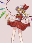  1girl ascot bare_legs blonde_hair crystal_wings dress flandre_scarlet hat hat_ribbon highres mob_cap myui17901139 open_mouth red_dress red_eyes red_ribbon ribbon side_ponytail simple_background solo touhou white_background yellow_ascot 