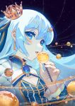  1girl absurdres blue_bow blue_eyes blue_hair bow breasts brooch candy crown fluffycatfish food hair_ornament highres hololive hoshimachi_suisei hoshimachi_suisei_(stellar_into_the_galaxy) jewelry lollipop small_breasts solar_system star_(symbol) star_hair_ornament 