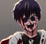  1boy black_shirt blood closed_eyes collared_shirt facial_mark glasses mashle nasiinasii0707 necktie open_mouth purple_hair round_eyewear shirt short_hair smile solo upper_body white_necktie wirth_madl 