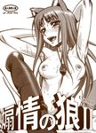  absurdres armpits dildo highres holo long_hair minazuki_juuzou monochrome nipples nude partially_translated solo spice_and_wolf sweat translation_request 