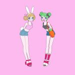  2girls :d animal_ear_hairband animal_ears arms_behind_back bag bare_shoulders black_bow black_shirt blonde_hair blue_eyes blue_shorts bow braided_hair_rings breasts cone_hair_bun double_bun fake_animal_ears fukuhara_ann full_body green_hair hair_bow hair_bun hairband high_heels highres leaning_forward looking_at_viewer morizono_wakana multiple_girls nyaasechan open_mouth pink_background pink_shirt pretty_rhythm pretty_rhythm_rainbow_live pretty_series purple_eyes rabbit_ear_hairband rabbit_ears rabbit_tail red_footwear sandals shirt short_hair shorts simple_background small_breasts smile socks standing tail tongue tongue_out white_footwear white_hairband 