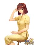  blunt_ends brown_eyes brown_hair buttons closed_mouth collarbone collared_shirt commentary copyright_name copyright_notice english_text game_cg hairband highres kanzaki_sumire logo looking_at_viewer mole mole_under_eye official_art on_stool pajamas pants purple_hairband red_stripes sega shirt short_hair short_sleeves simple_background sitting smile stool straight_hair striped_clothes striped_collar striped_pants white_background wispy_bangs yellow_collar yellow_pajamas yellow_sleeves yuasa_tsugumi 