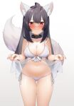  1girl absurdres ahoge animal_ears bare_shoulders bikini black_hair blush breasts cleavage collar commission fox_ears fox_tail freehoney hair_ornament highres lifted_by_self long_hair looking_at_viewer navel original purple_eyes simple_background smile solo swimsuit tail white_background white_bikini 